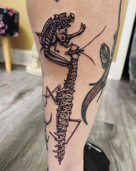 Black and grey stylized preying mantis eating a beetle tattoo by tattoo artist Britney Farmer of Sacred Mandala Studio.